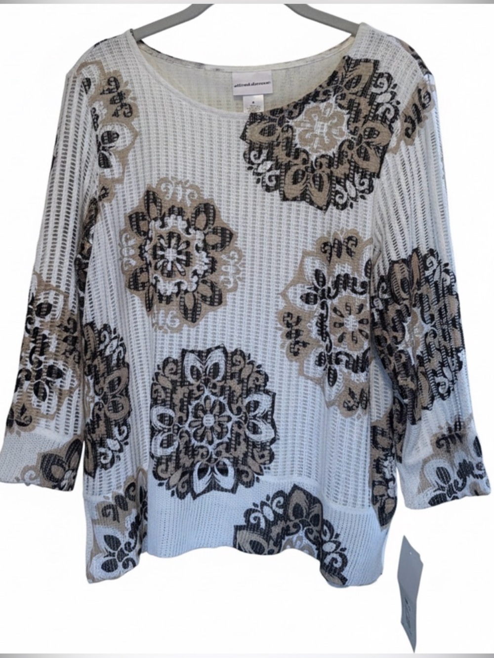 Alfred Dunner White Knit Top with Black & Tan Floral Medallions